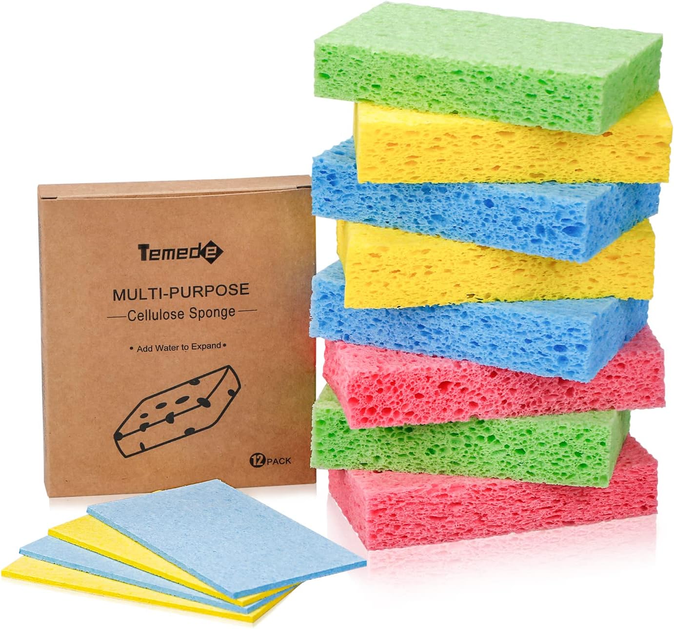 Temede Cellulose Sponges,Heavy Duty Scrub Sponges,Non-Scratch Kitchen Sponges for Dish,Colorful Compressed Dish Scrubber Sponge for Household,Cookware,Bathroom,12pcs : Health & Household