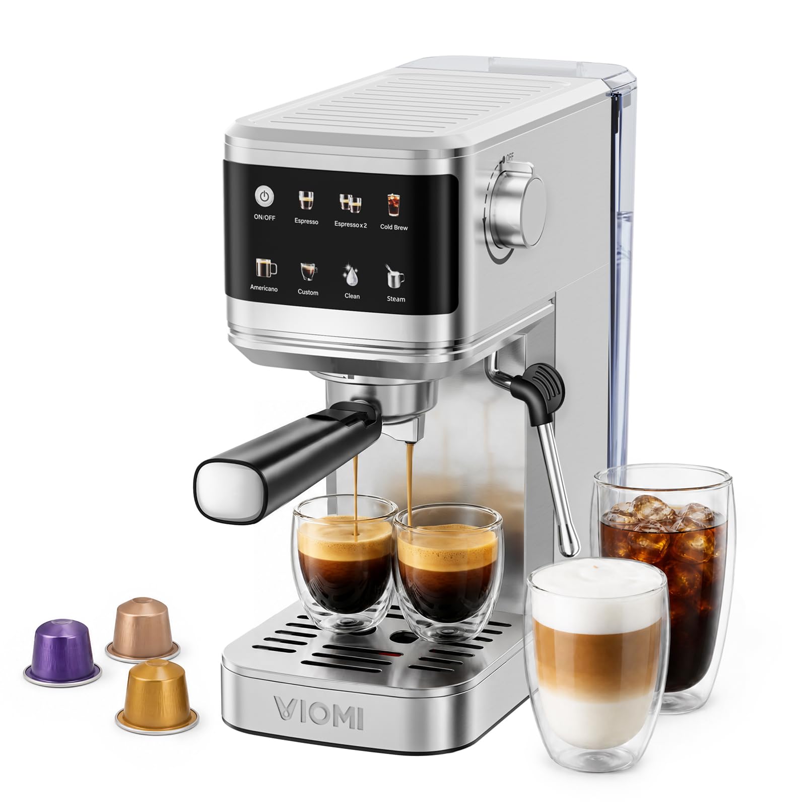 VIOMI T1B Pro 20 Bar Cafetera Espresso con Espumador de Leche, 2 en 1 | Café Molido y Cápsulas, Cold Brew, Pantalla Táctil, Para Cappuccino y Latte, Autolimpieza, Depósito 1,1 L, Acero Inoxidable