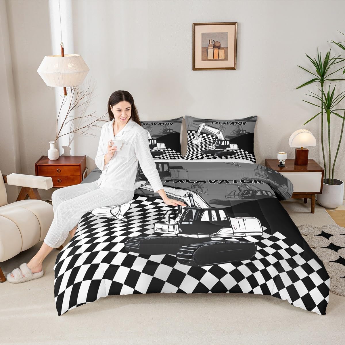 Garbage Truck Kids Comforter Set Queen Size,Green Rubbish Car Bedding Set,Girls Boys Adults Room Decor,Geometric Checkerboard Patchwork Down Comforter,Black White Chic Duvet Insert,2 Pillowcases
