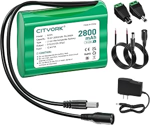 CITYORK 12V Lithium Battery 2800mAh with Charger, 5521 Male Connector, 12V Rechargeable Battery for DIY Projects, LED Light Strip, Speaker, RC Car, CCTV Camera, Electric Pianos, Solar Panel, etc