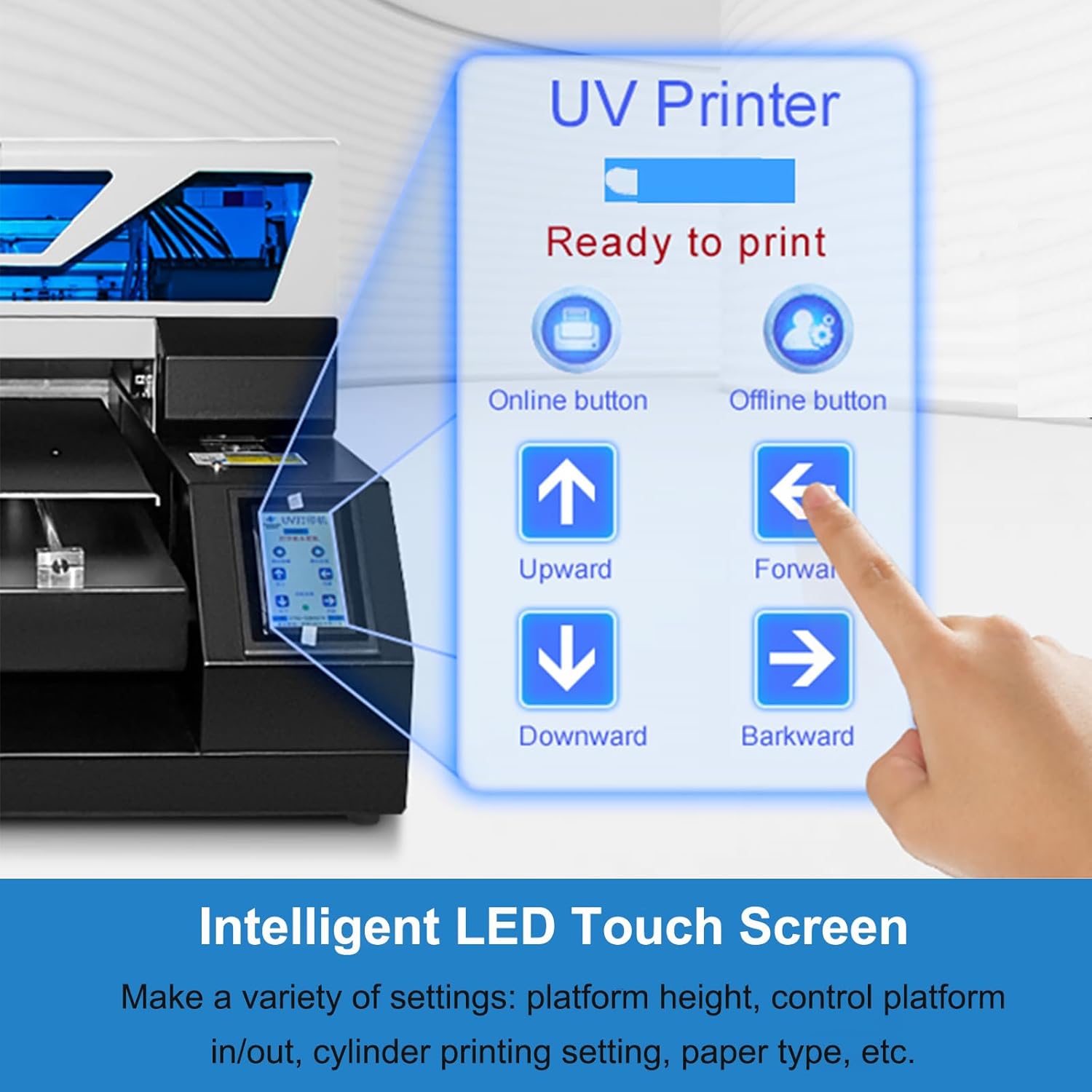 UV DTG Printer Machine, A4 L1800 UV Flatbed Printer with Bottle Holder, LED Touch Screen, 2880 * 1440dpi, for T-Shirt Bottles Acrylic Phone Case Wood Leather Metal Glass and More