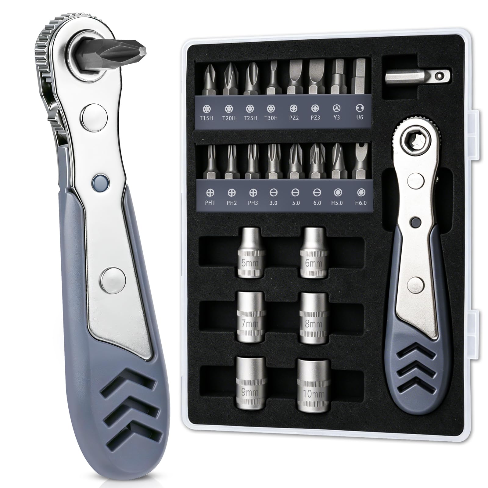 MOXYOY 24-in-1 Ratchet Precision Screwdriver Set with Cross-Head, Slotted, Hex, Socket & Y3 Bits – Repair Kit for Bicycles, Furniture, Laptop & EDC