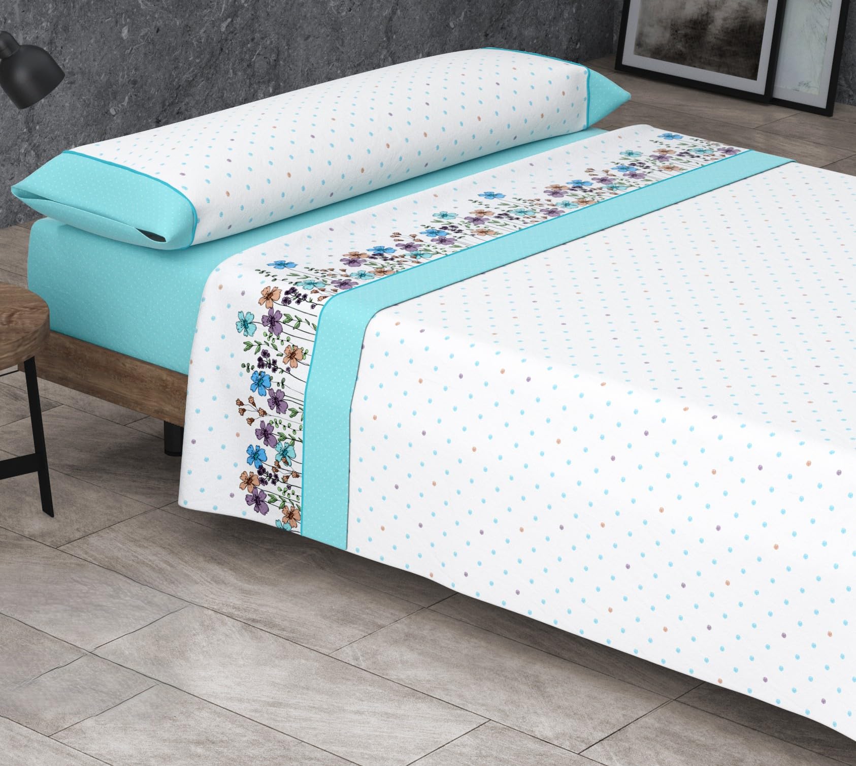 HM'S HOME'SECRET Roomers Juego de sábanas Estampadas Calidad 30/30 144 Hilos, 50% poliéster y 50% algodón 15 Diseños en 2 Colores (Niebla Turquesa, Cama 150cm 2 Almohadas)