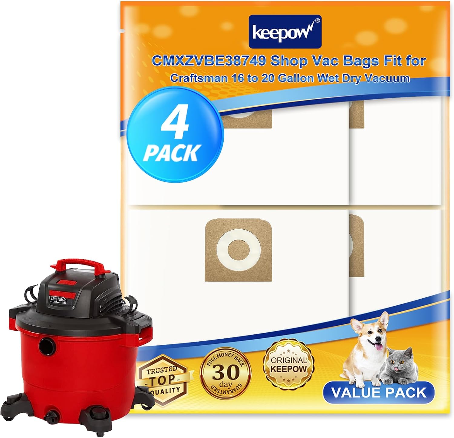 KEEPOW Vacuum Bags Compatible with Craftsman 16-20 Gallon Shop Vac, Also for Ridgid Disposable Wet Dry Vac, Replacement for CMXZVBE38749, Compatible with Craftsman Shop Vac Accessories 4-Pack