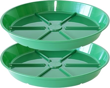 Plant Saucer Pot Tray 14 inch, 2 Packs Flower Planter Saucers and Drip Trays, Heavy Duty Round Plastic Flower Plant Dish Pant Plate to Catch Water for Indoor & Outdoor, Green