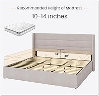 Vista 8 de SHA CERLIN Cama de Almacenamiento Elevable Tamaño King/Cabecera Moderna Tipo Wingback/Marco de Cama Plataforma Tapizada/Almacenamiento Hidráulico/No