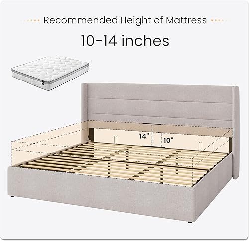 Miniatura 83 de SHA CERLIN Cama de Almacenamiento Elevable Tamaño King/Tapizada en Terciopelo/Cabecera Moderna con Respaldo de Ala/Marco de Cama Plataforma