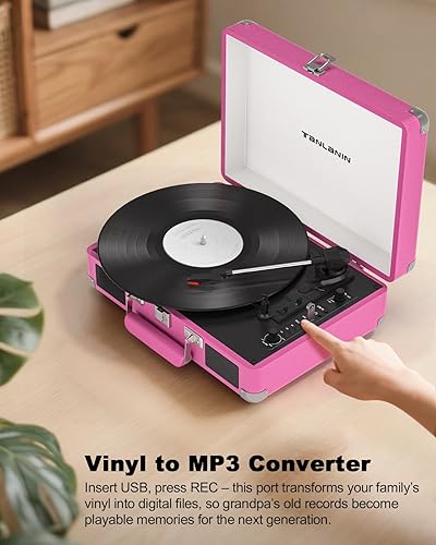 Miniatura 2 de Tocadiscos Bluetooth rosa con altavoces integrados, grabación USB a MP3, tocadiscos de 3 velocidades accionados por cinturón, diseño de maleta