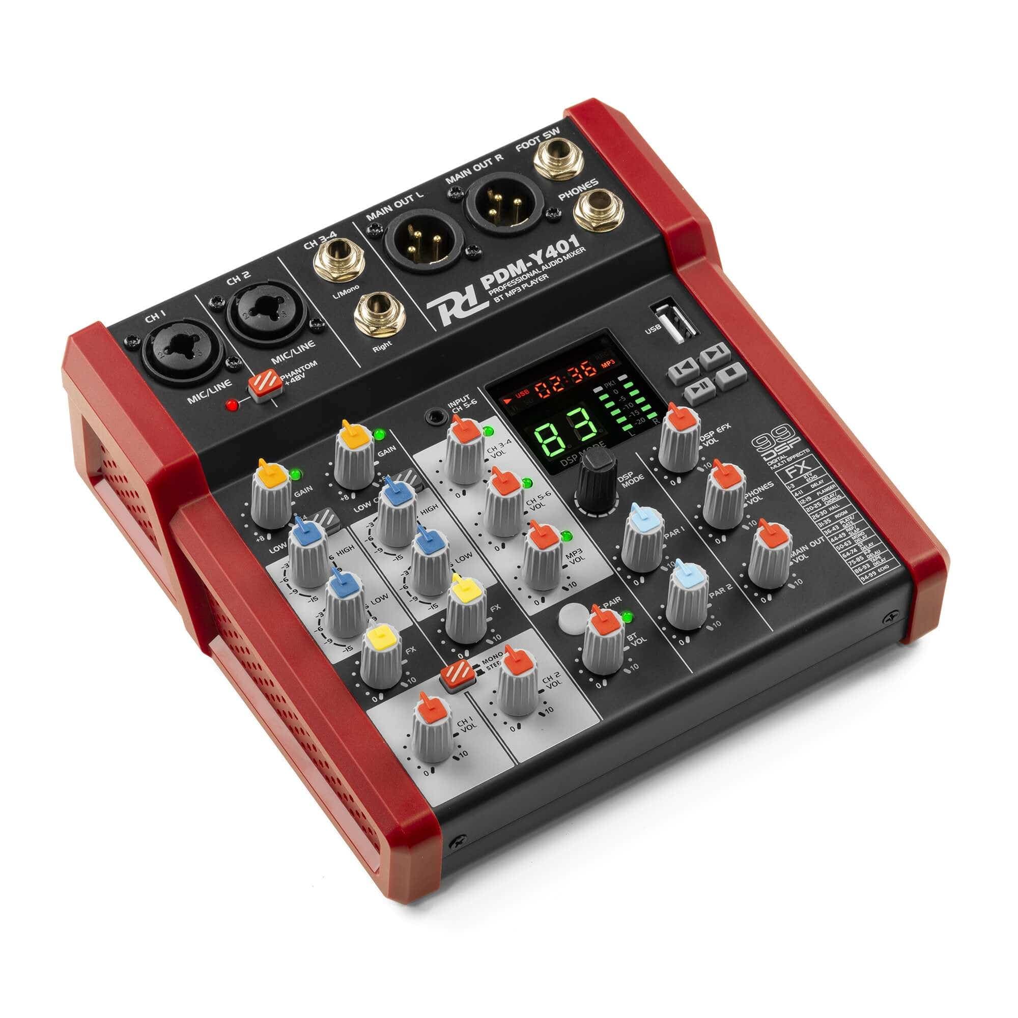 Power Dynamics PDM-Y401 Console de Mixage 4 Canaux avec Bluetooth - Entrées Micro, Alimentation fantôme 48V, Lecteur MP3 USB, Vu-Mètre, Idéal pour les DJs, Studios d'Enregistrement, Podcasts