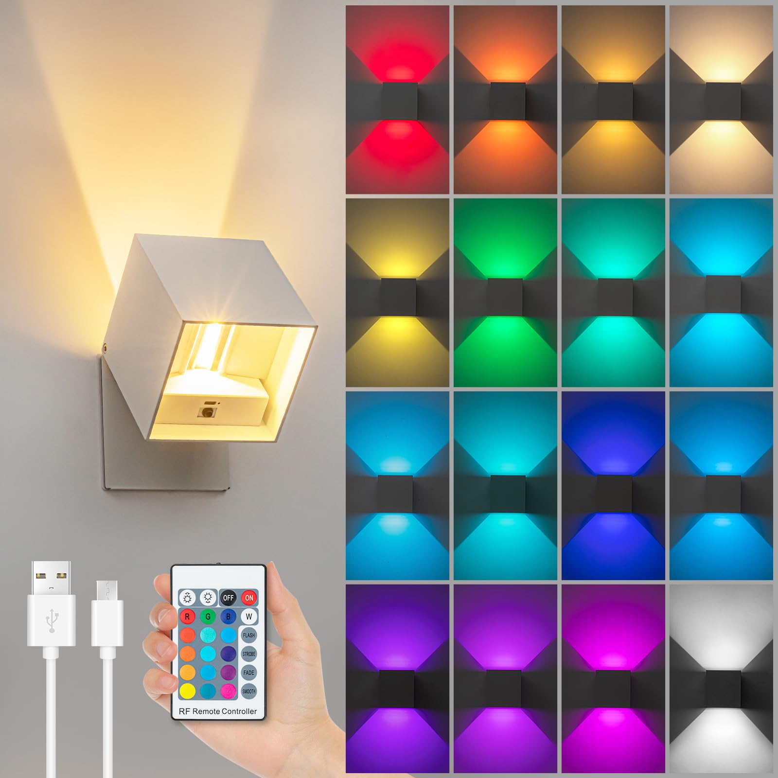 SURPALIGRGB Wall Sconces Set of 2, LED Lights for Room Decor 16 Colors, 6000mAh Battery Operated Wall Sconce, Rechargeable Remote Control Dimmable Cordless Wall Lights for Bedroom Living Room