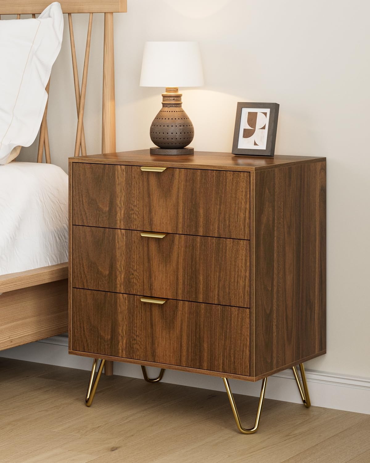 Walnut Dresser for Bedroom, Modern Fluted 3 Drawer Dresser with Storage, Dresser Chest of Drawers with Gold Handles for Bedroom, Living Room, Closet, Hallway, 15.8" D x 23.6" W x 27.6" H