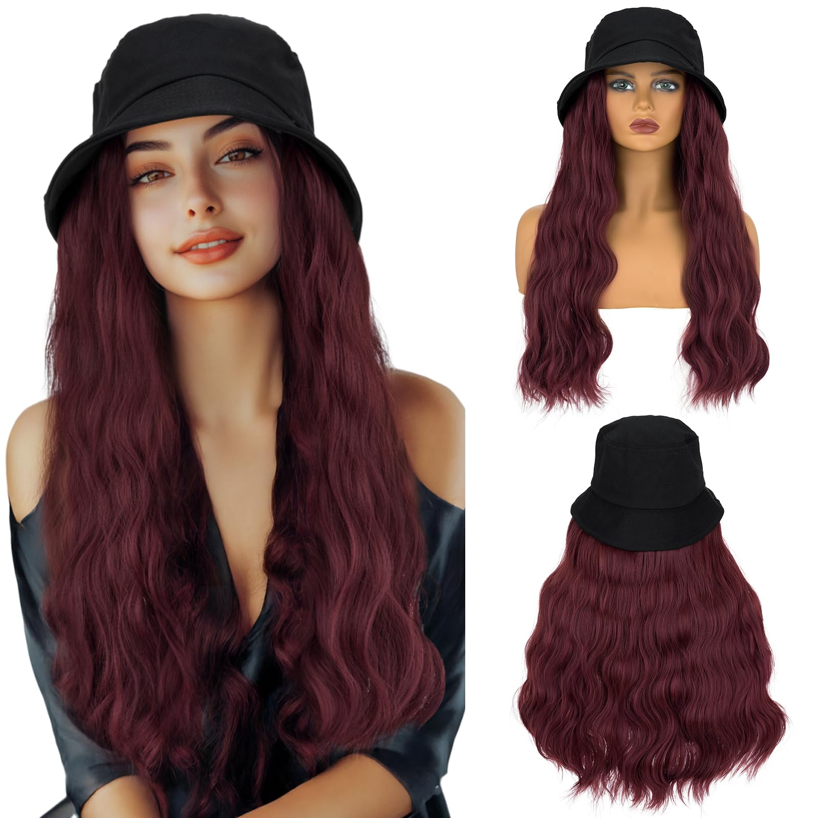 S-noilite Hat Wig for Women Bucket Hat Wig with 18 inch Long Curly Wave Hairstyle Synthetic Hair Extensions