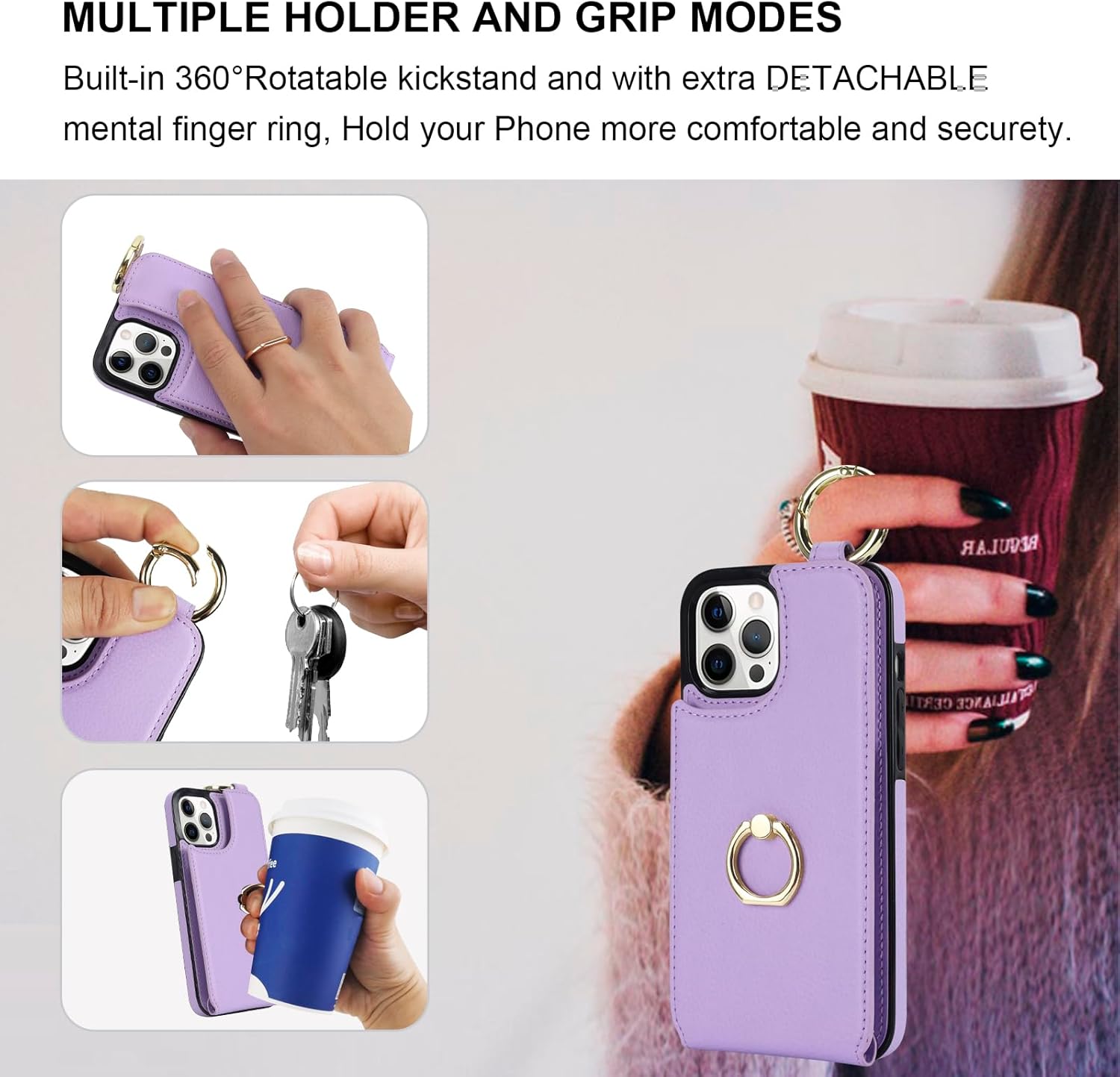 Folosu for iPhone 12 Pro Max Wallet Case with Card Holder, 360°Rotation Ring Holder Kickstand, RFID Blocking PU Leather Finger Grip Key Ring, Protective Double Buttons Shockproof Cover 6.7" Purple