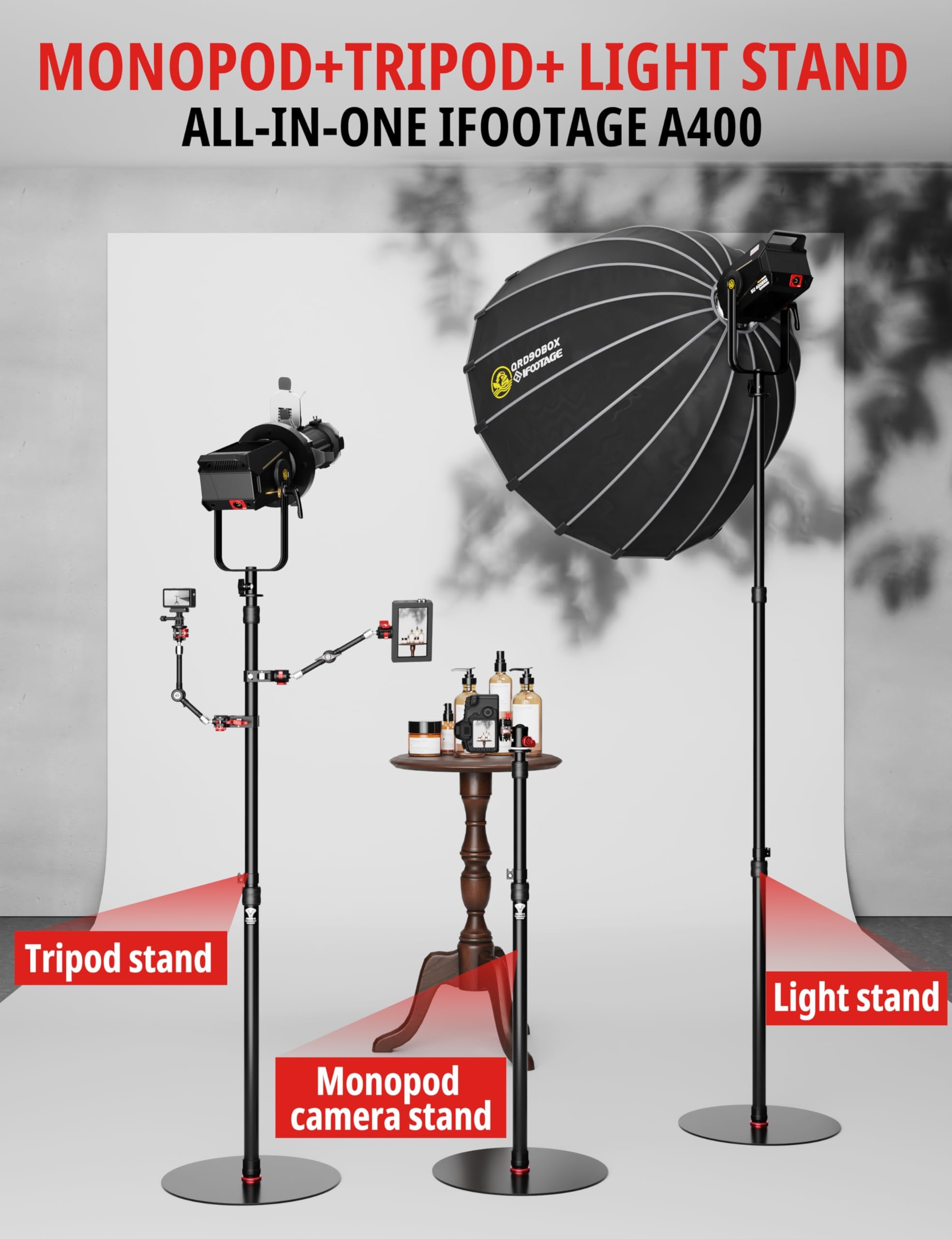 IFOOTAGE Cobra RB-A400 Monopiede con base rotonda, monopiede in alluminio per fotocamera, compatibilità con fotocamere DSLR e videocamere (201,6 cm/79,4 pollici, 2 confezioni)