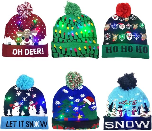 6 Pieces LED Christmas Knitted Hat Light up Xmas Beanie Sweater Cap Novelty Unisex Winter Hat Snow Hat