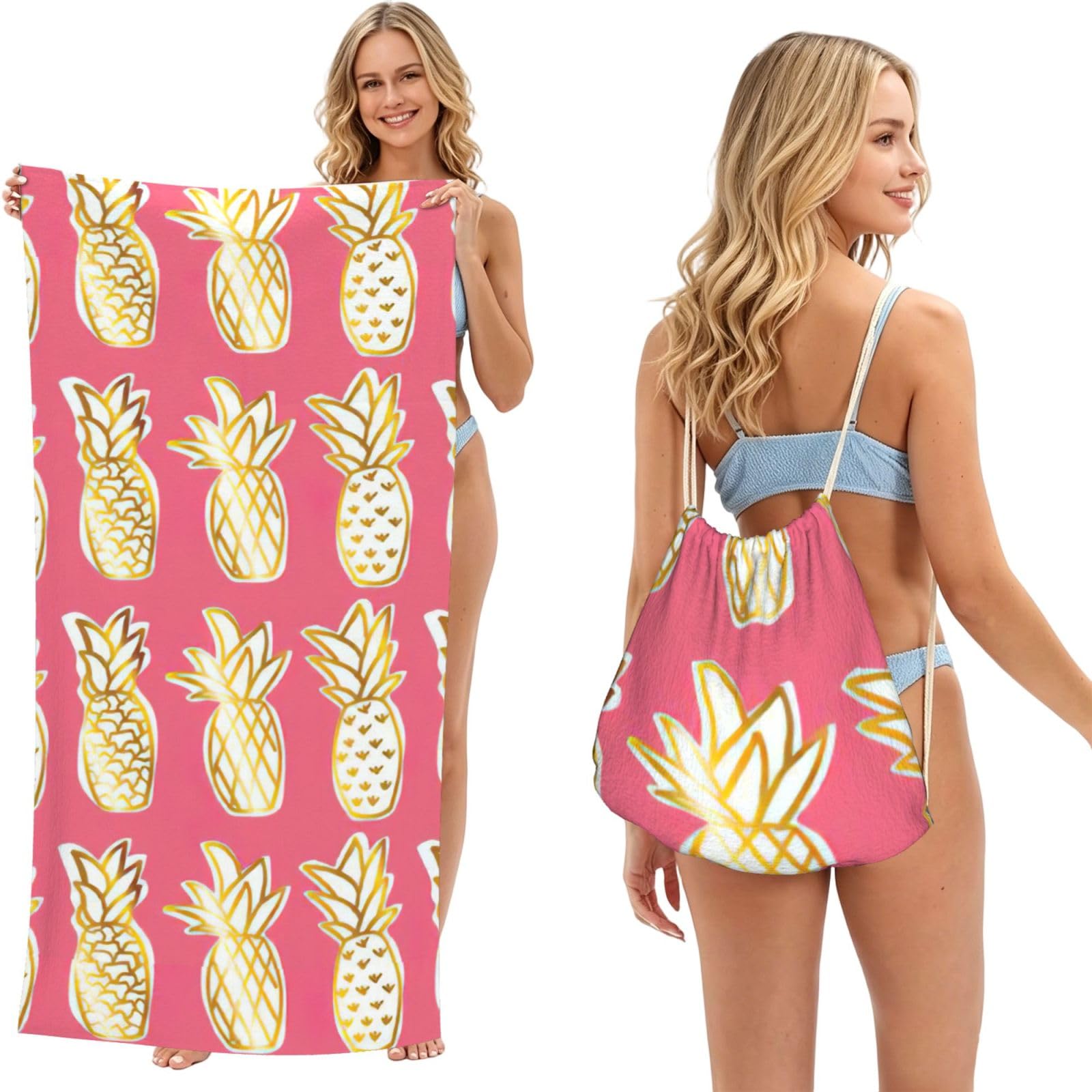 aacxzff Pineapple Print 2 in 1 Packable Towel Bag, Drawstring Beach Towel Backpack,80x160cm for Beach trips