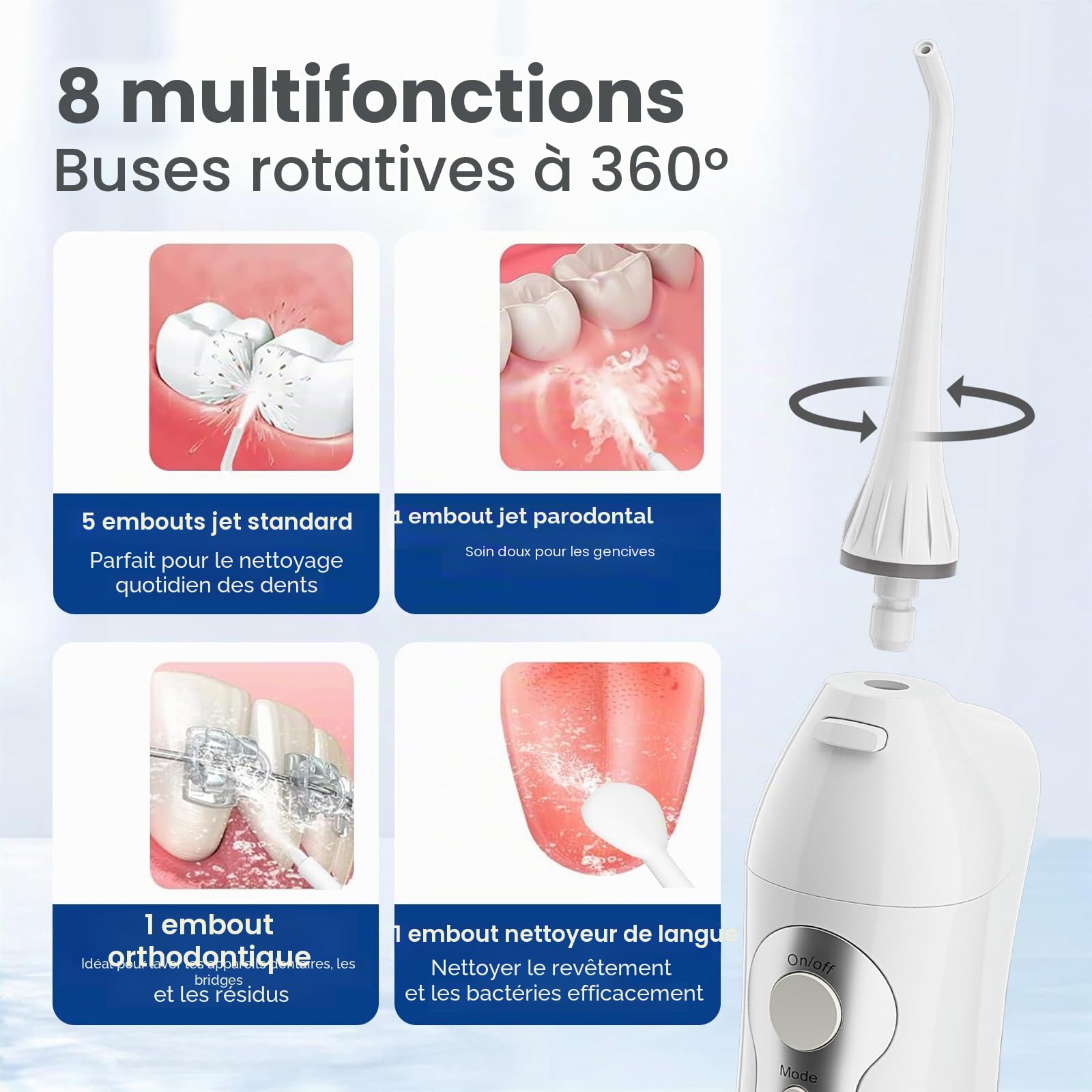 Hangsun Jet Dentaire Hydropulseur Irrigateur Oral, USB Chargé Portable Water Flosser, Réservoir 300 ml et 8 Buses de Jet pour Voyage et Maison HOC700