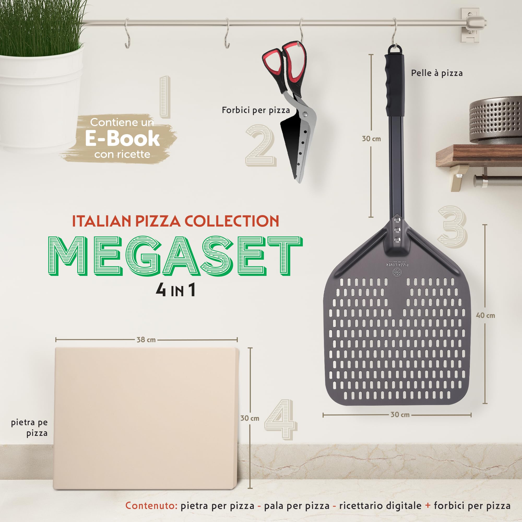 Set Pizza Lover con pietre per pizza premium per forno e grill – 4 in 1 – con forbici per pizza + pala forata + pietra per pizza fino a 800 °C in cordierite e ricettario