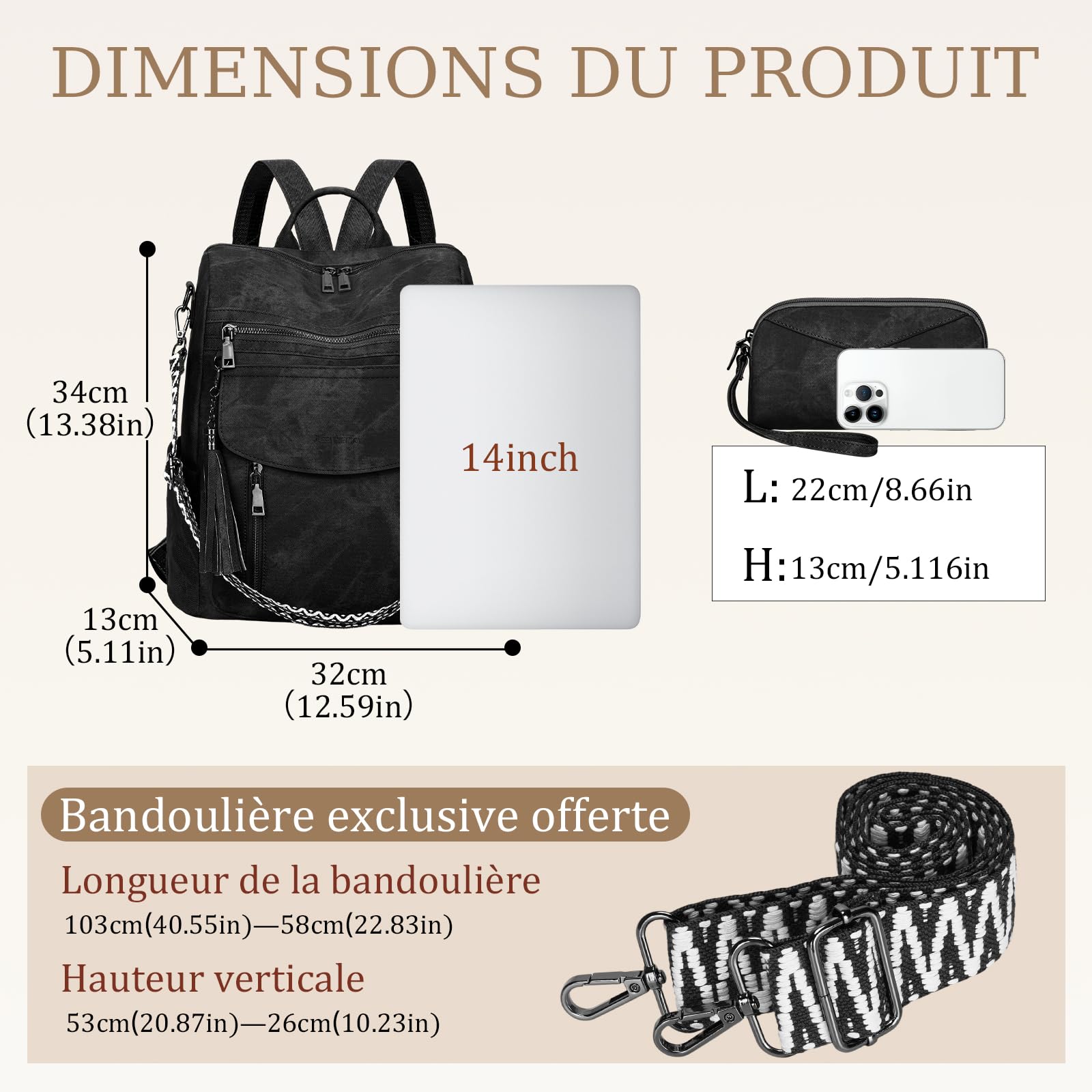 LEASOUL Sac à Dos Femme Luxe en Cuir Vegan, Sac à Dos Antivol Imperméable Chic et Léger, Sac pour Voyage Affaires Université Travail