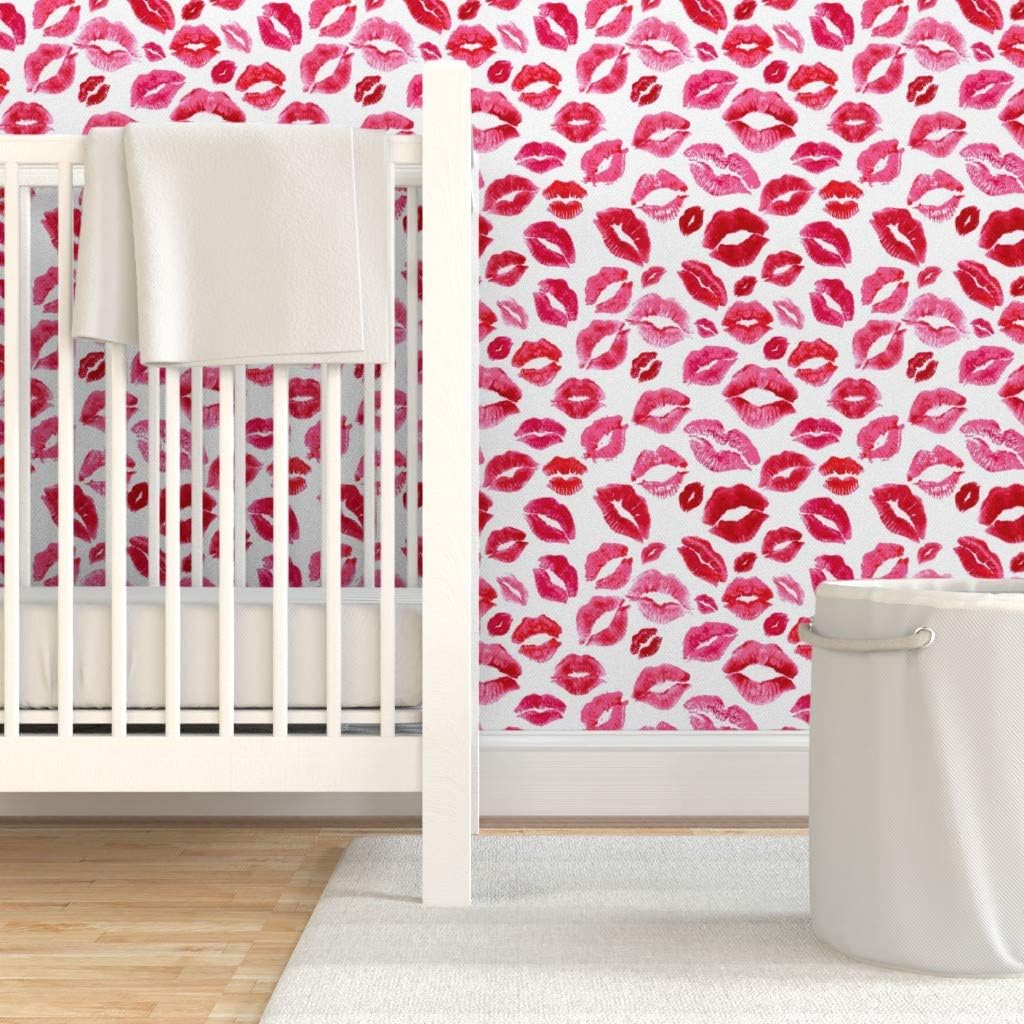 Spoonflower Peel & Stick Wallpaper 3ft x 2ft - Love Lips Red Valentine Beauty Lipstick Kisses Watercolor Valentines Day Girly Makeup Custom Removable Wallpaper