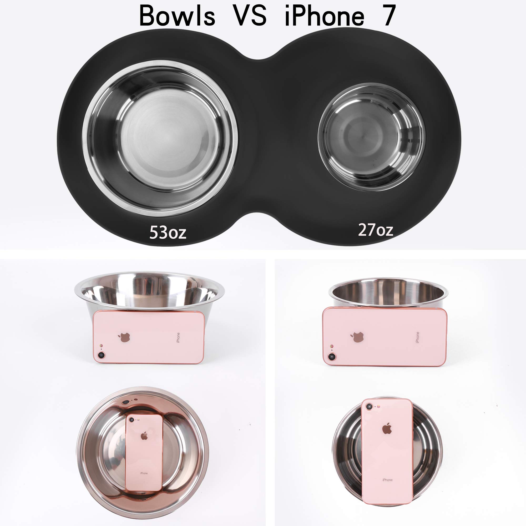 Cuencos para perros 100 % impermeables sin BPA, 2 de acero inoxidable (53 onzas + 27 onzas) con alfombrilla de silicona de borde elevado de 1.35 pulgadas + cuencos de agua y comida para perros