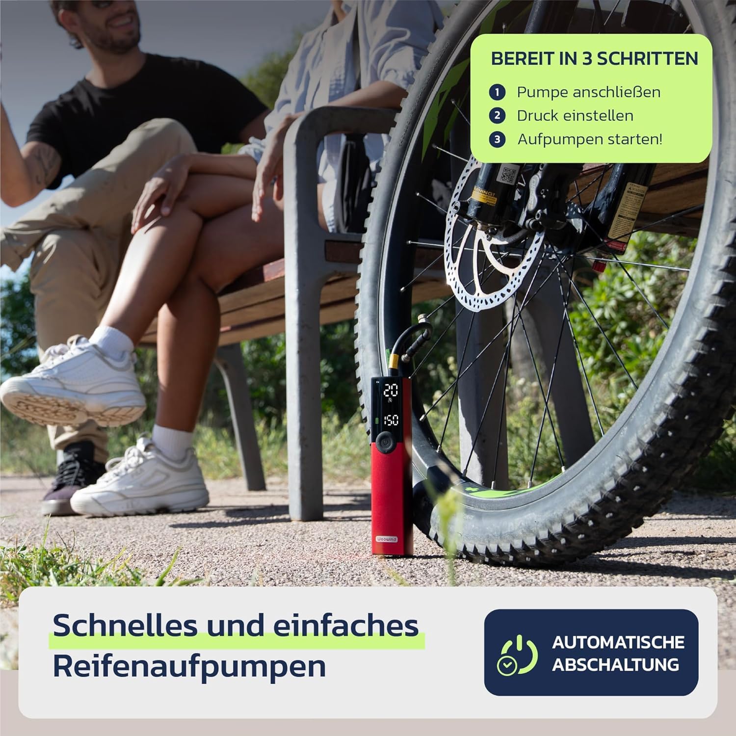 Woowind BP188 Elektrische Fahrradpumpe, Akku Luftpumpe 120-150PSI, Akku Kompressor für Auto, Fahrrad, Motorrad, Elektrische Pumpe Kompatibel mit Allen Ventilen