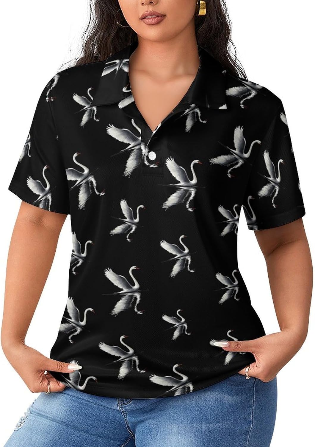Graceful Swan in Water Women's Golf Polo Shirts Short Sleeve Quick Dry Tennis Tops Casual Work Blouses