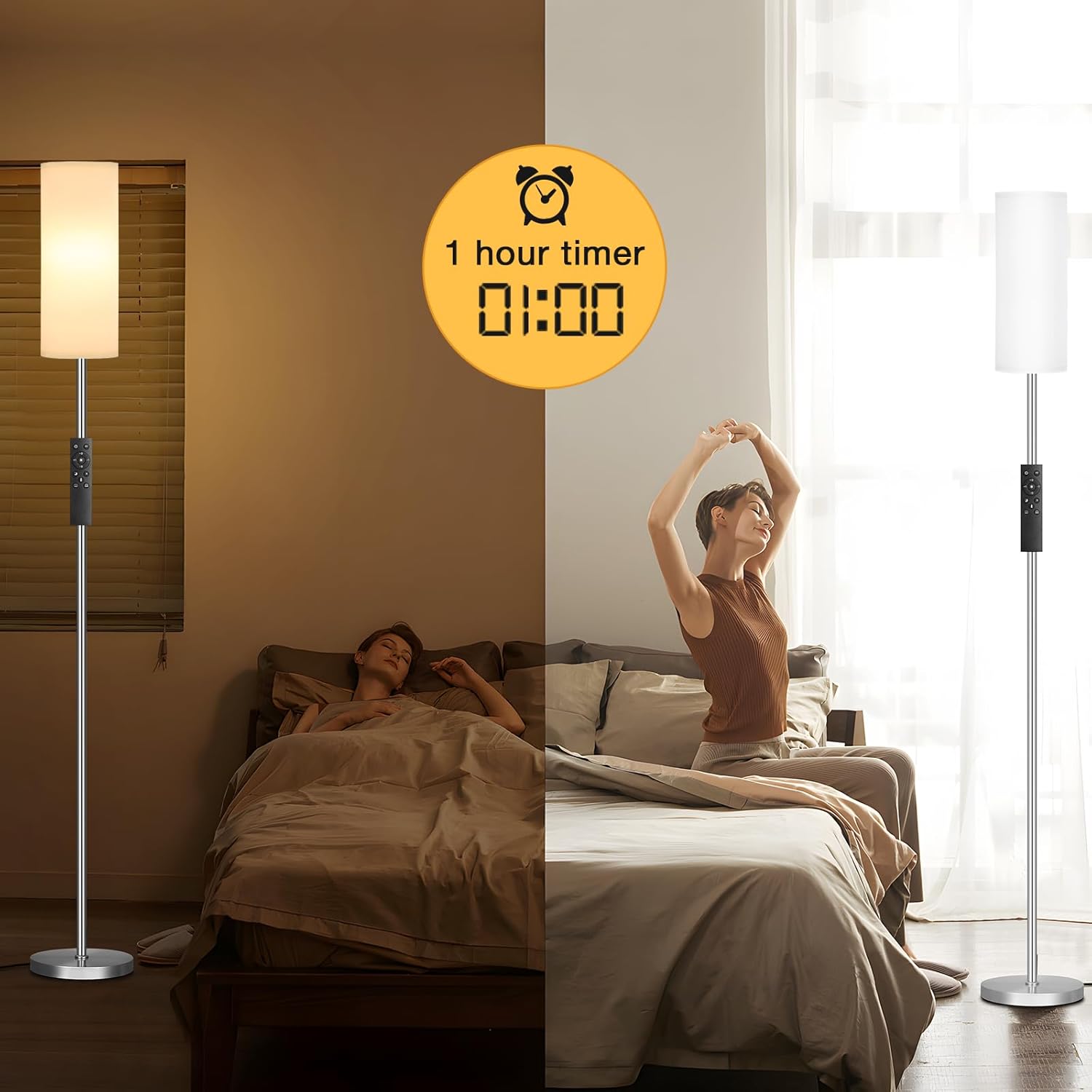 Ambimall 64'' Floor Lamps for Living Room with Remote Control and Stepless Dimmable Colors Temperature & Brightness, 9W Bulb Included(White Lampshade & Silver Pole)