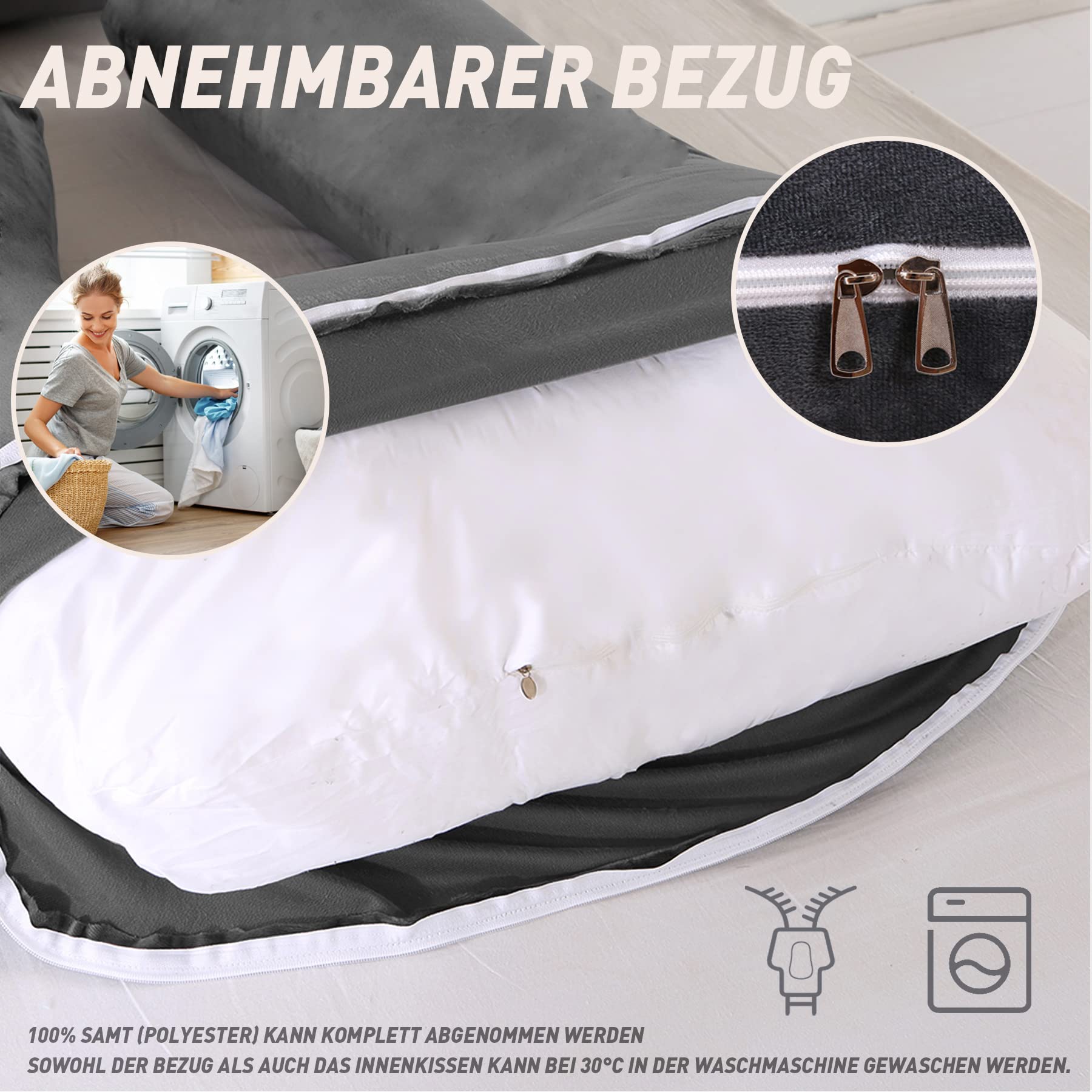 CALIYO Schwangerschaftskissen J Form,Stillkissen XXL-SeitenschläFerkissen mit Bezug,Pregnancy Pillow und Komfortkissen Erwachsene -Polsterung aus Baumwolle（Dunkelgrau,180×70cm）