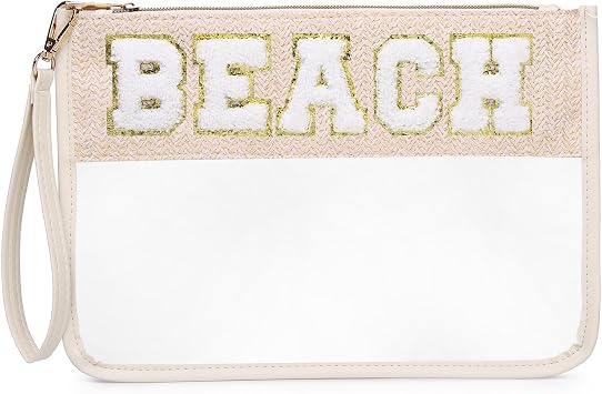 Pinkmik Chenille Letter Clear Zipper Pouch, BEACH | Travel, Clear Snack Bag, Beach Cosmetic & Toiletry, Makeup Bag for Women