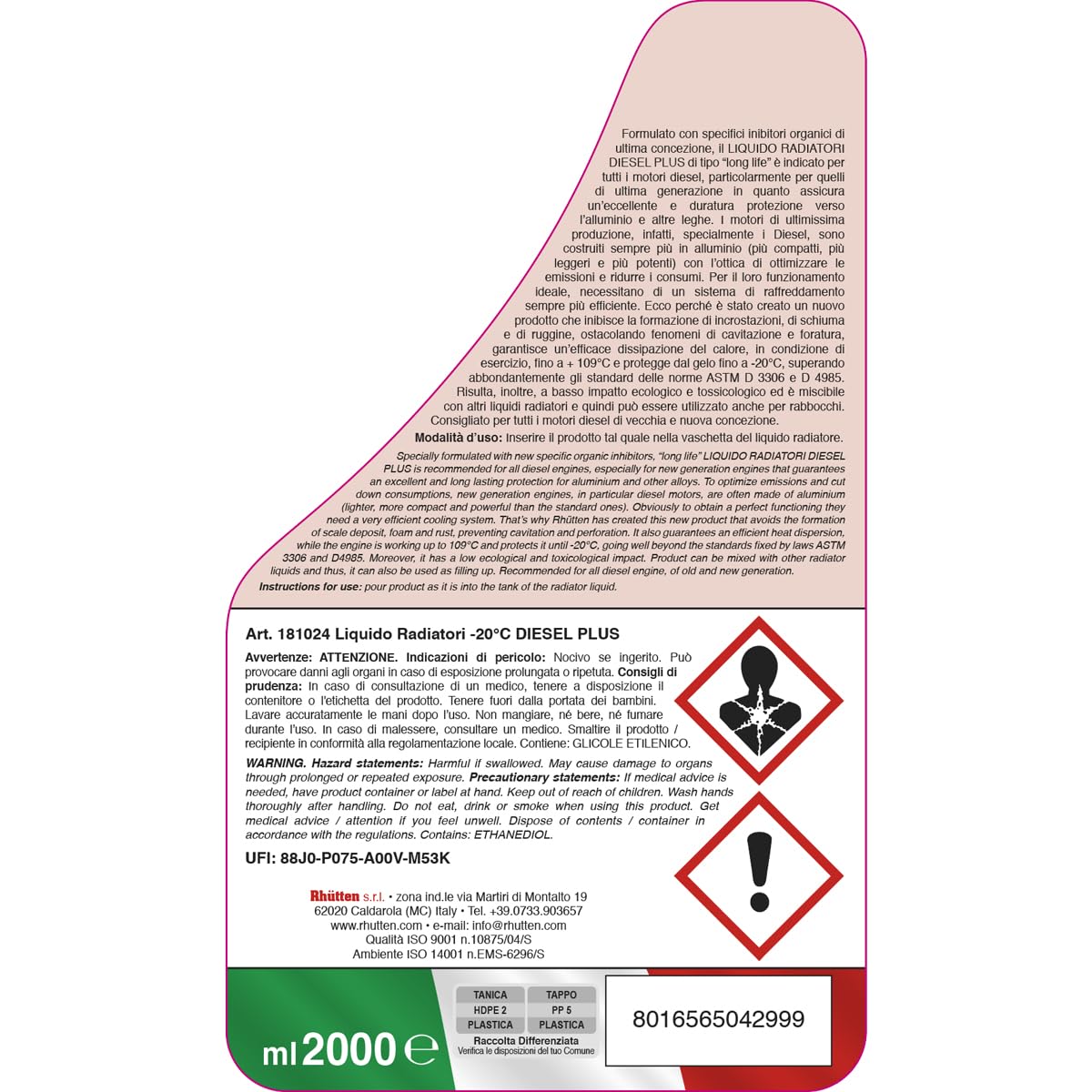 Liquido Radiatori Diesel Plus -20°C, Eccellente Protezione per Alluminio e Altre Leghe, Per Tutti i Motori Diesel, 2L