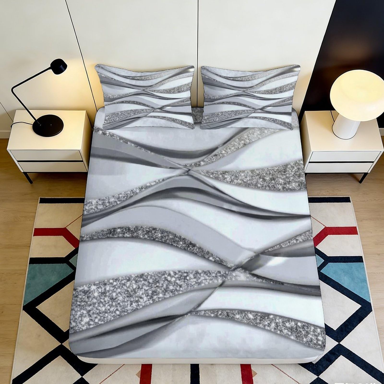 Jqzkxnhpbr Style-10 3D Printed Abstract Silver Wave Fitted Sheet Microfiber Soft Modern Gray Mattress Cover For Bedroom Guest Room Decor 90X200x25cm
