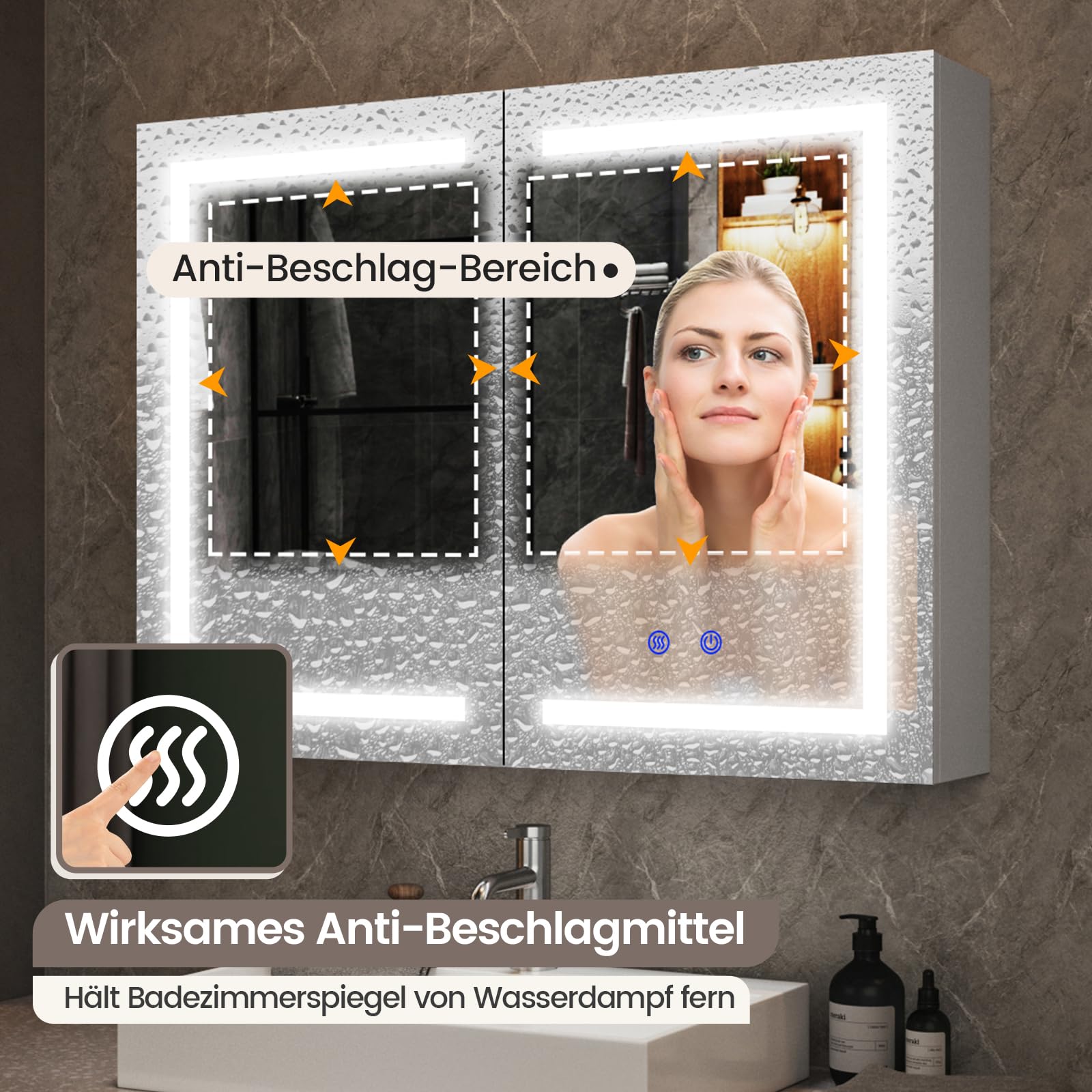 Spiegelschrank Bad mit Beleuchtung und Steckdose, 80x60x15cm, Badezimmer Spiegelschrank mit 3 LED-Lichtfarben dimmbar, Doppeltür, Verstellbares Regal, Antibeschlag, Wandmontage, Weiß