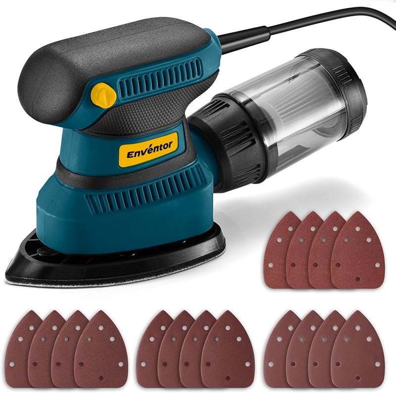 Detail Sander with 8-Hole Dust Collection, 210 W, Corded | 15,000 RPM, 16 Sandpapers: P80/P120/P180/P240, 2 M Cord, Non-slip Grip, for Edges, Corners and Tight Spaces