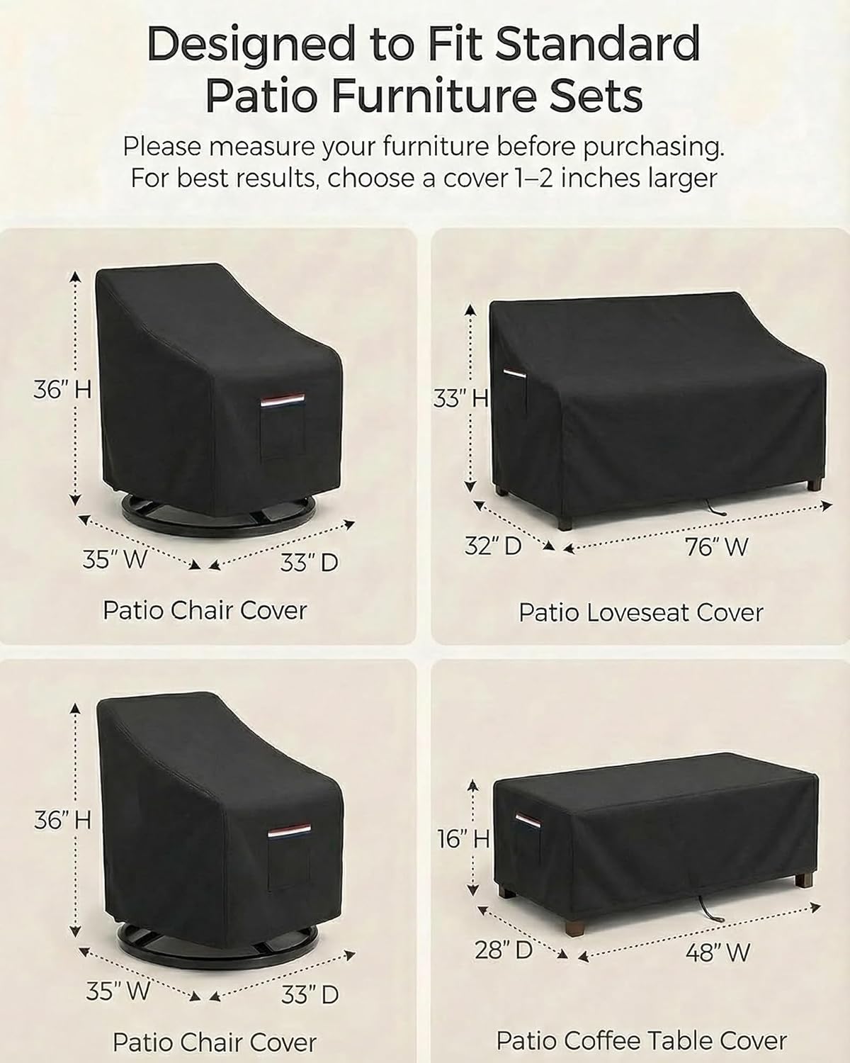 4-Piece Patio Furniture Cover Set, Waterproof Outdoor Furniture Covers for 3-Seater Sofa, Patio Chairs & Coffee Table, Heavy-Duty 600D, Fade&UV-Resistant, Breathable, All-Season Protection, Black