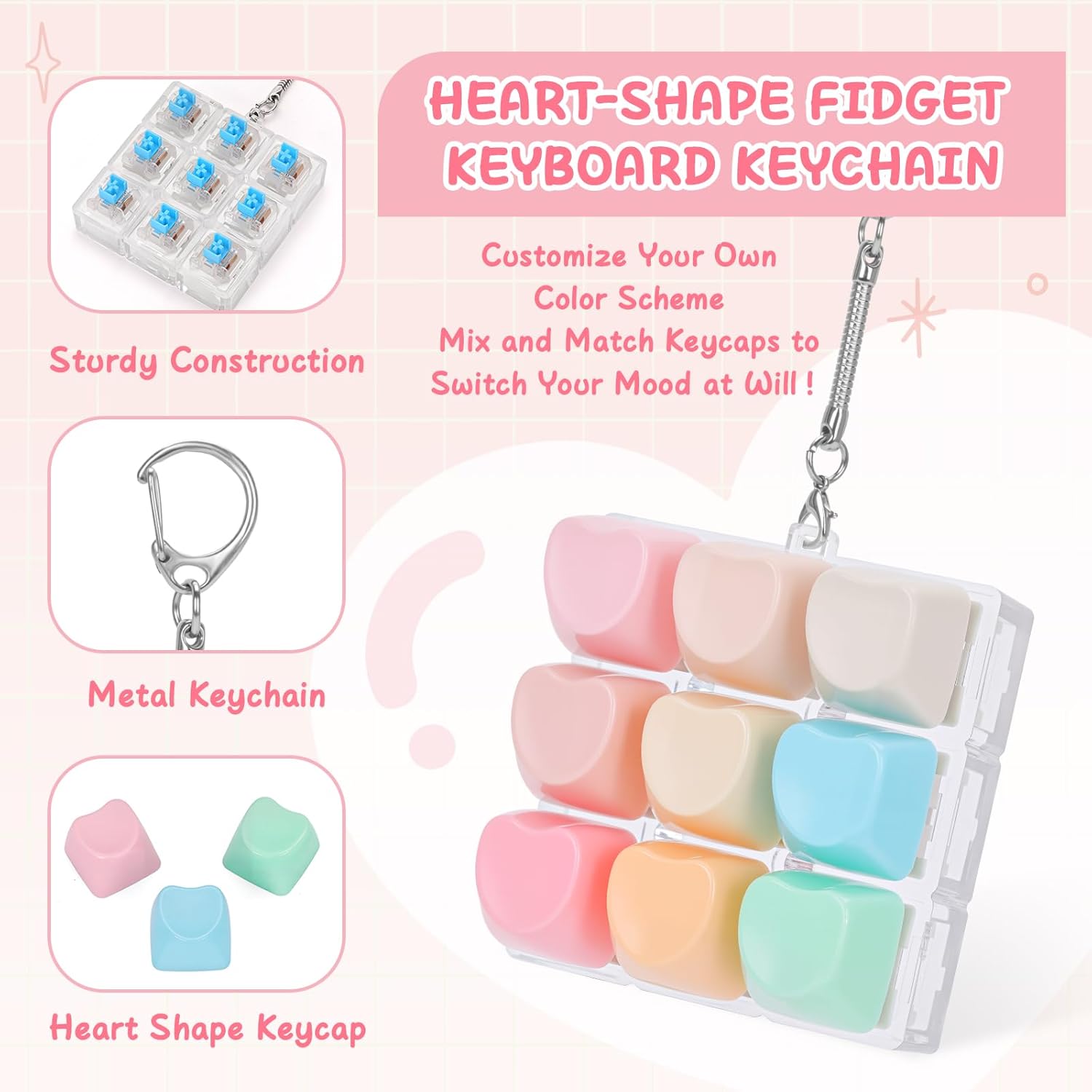 Clicky Heart Shape Keyboard Fidget Toys for Adults Colorful Clicker Button Keychain for Work Stress Relief ADHD Autism ASMR (Heart-Shape, 1)