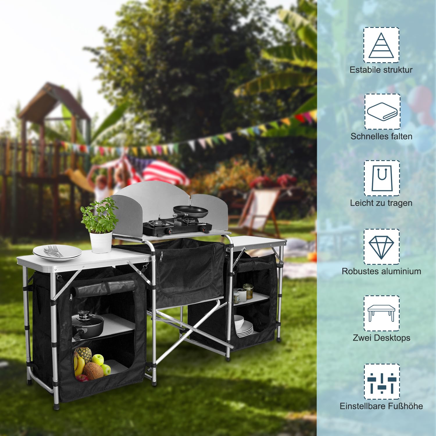 Campingküche Outdoor mit Alu-Gestell - Schnell aufbaubarer Faltschrank 600D - Inkl. Campingmöbel für Outdoor-Küche - Verschiedene Größen/Farben wählbar - Ideal für Camping & Outdoor-Aktivitäten