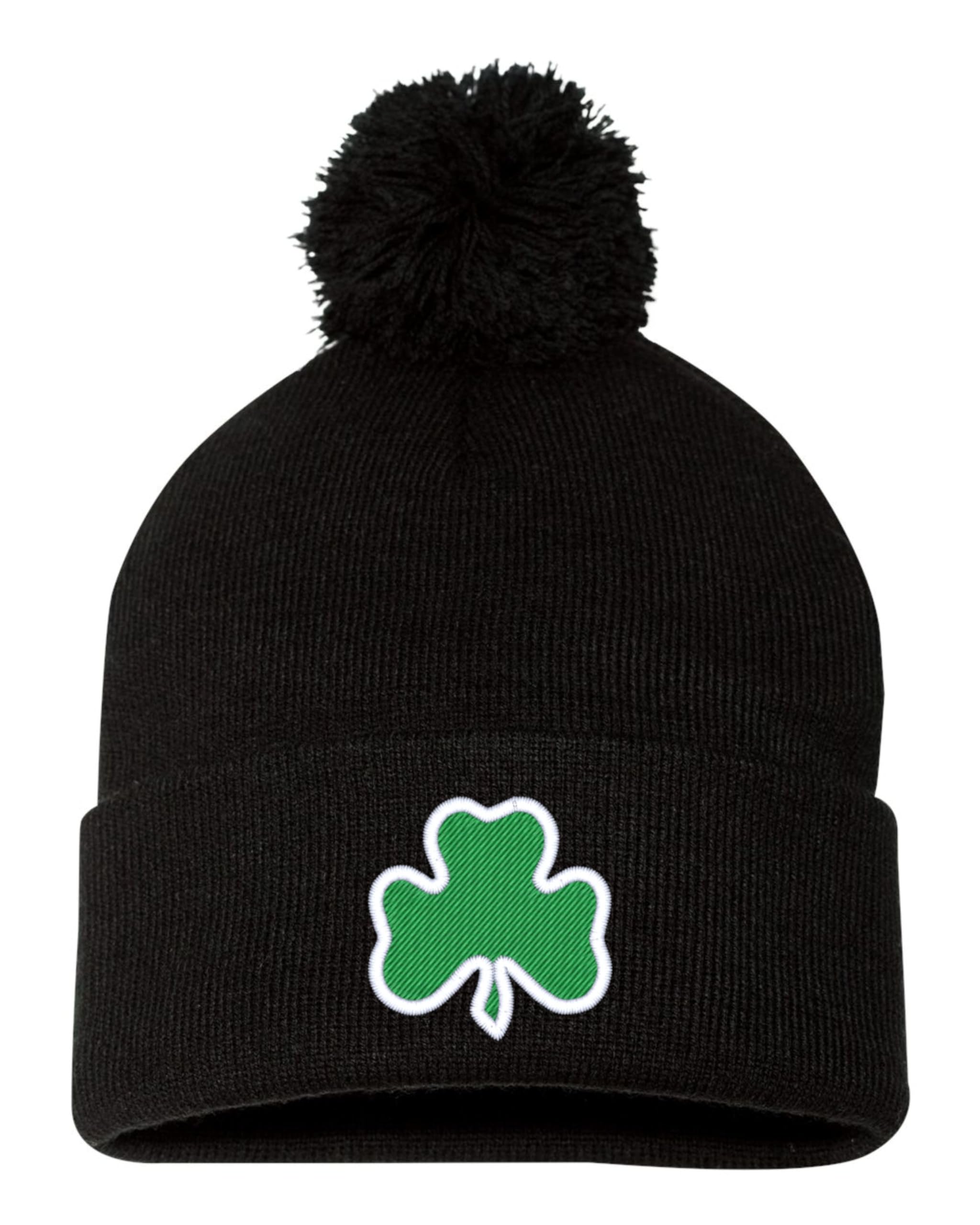 One Size Black Pom Giant Shamrock St. Patrick's Day 4 Leaf Clover Embroidered Knit Beanie Pom Cap