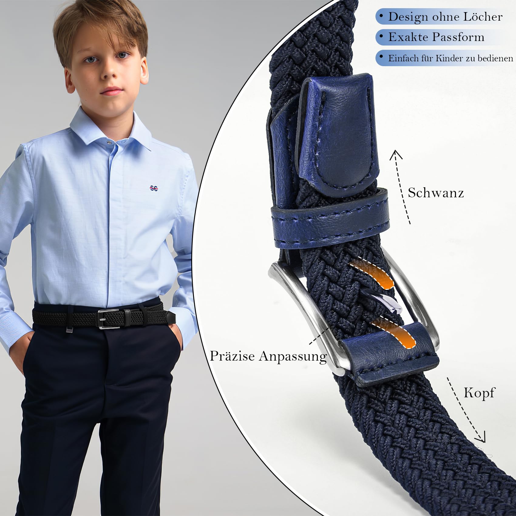 WHIPPY Kinder Gürtel Elastik Unisex Geflochtener elastischer Stretch Gürtel gewebter gürtel für Jungen und Mädchen Endspitze aus Leder mit Dornschließe, 3 cm breite