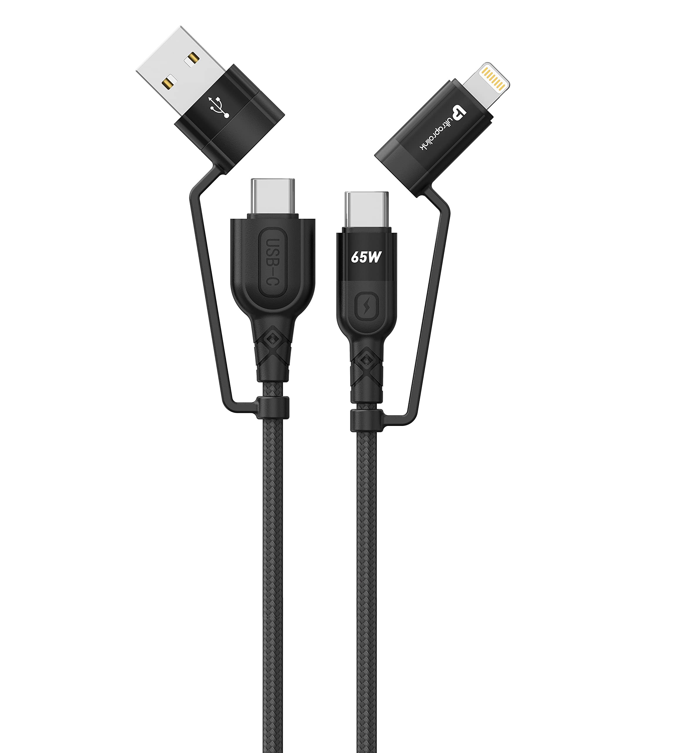 ULTRAPROLINKUL1055 Quadlink 4 in 1 Cable 65W PD USB to iPhone 13,USB to Type-C,Type-C to iPhone & Type C to Type-C Sync & Charge Nylon Braided Power Delivery Fast Charging Cable 1.2m/3.93 ft,Black