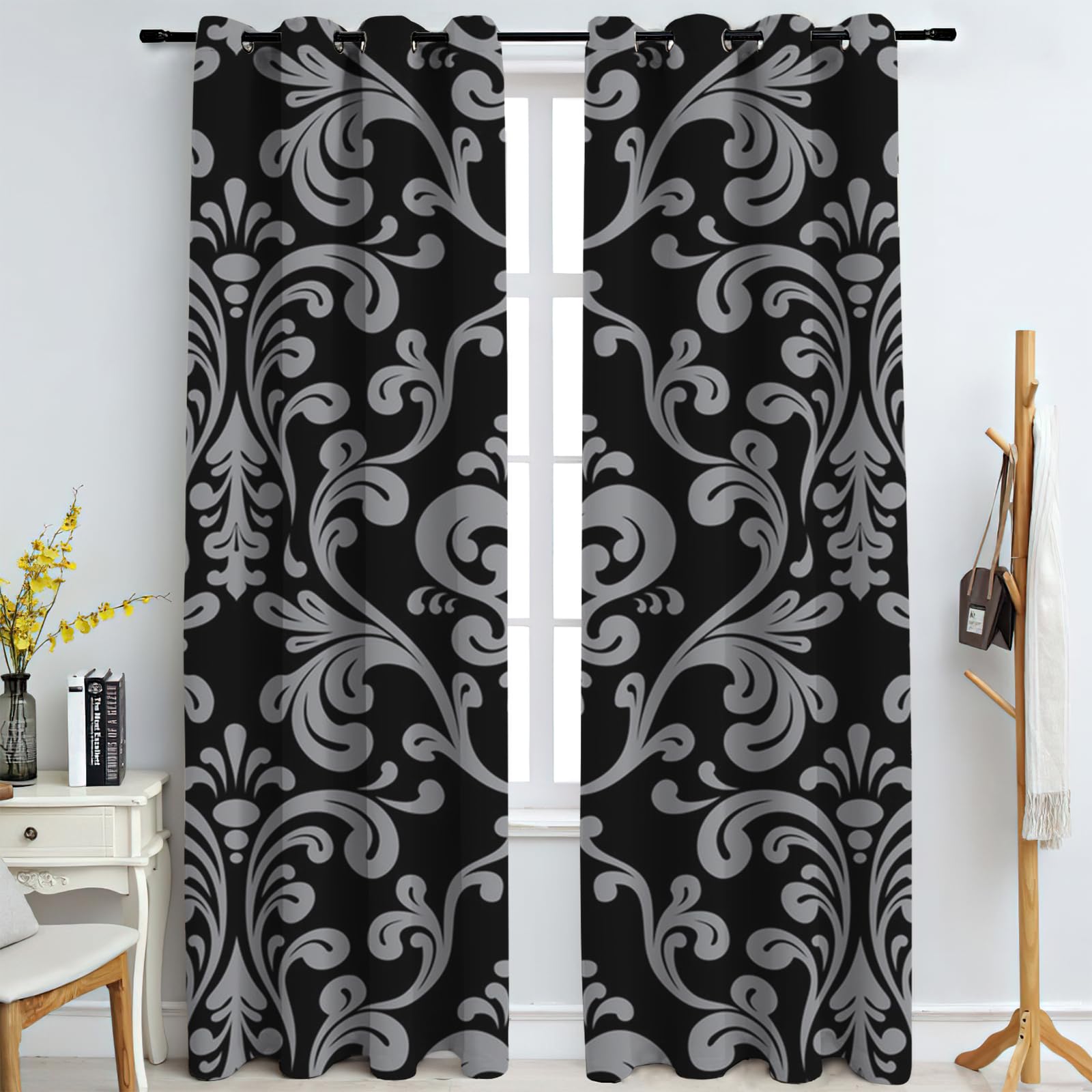 Cortinas Niño Niña Habitacion Opacas Con Ojales 2 Piezas 3D Patrón De Hierba Rizada Retro En Negro Y Gris Patrón 264X214Cm（An X Al）Cortinas Termicas Aislantes Frio Y Calor Salón Dormitorio Ventana