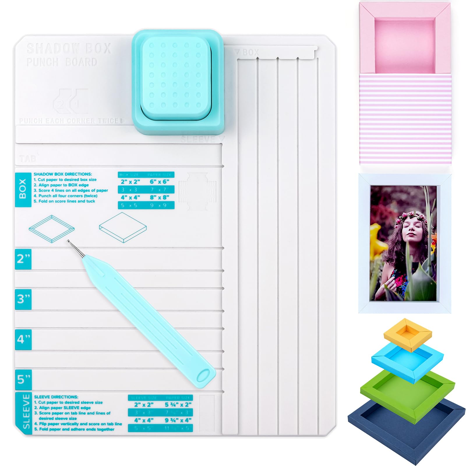 Briartw All-in-One Shadow Box Stanzbrett mit Punktewerkzeug für Heimwerker, 5,1 cm, 7,6 cm, 10,2 cm, 12,7 cm, Schattenboxen und Hüllen | Anfängerfreundliches Ritz- und Stanzwerkzeug für