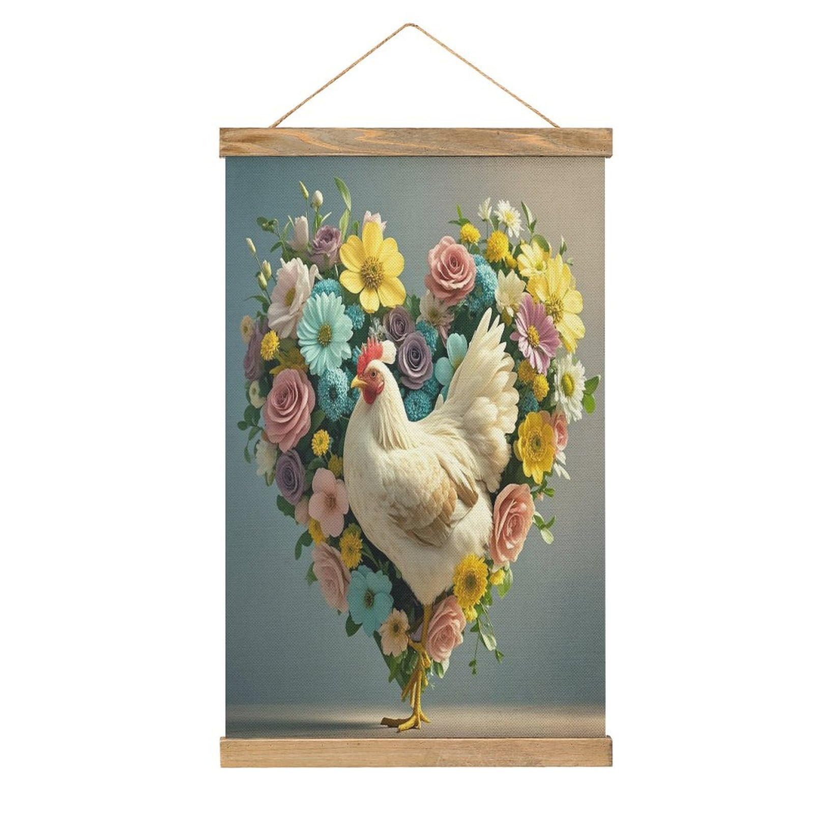FekiLoot Flower Heart Chicken Wall Art Poster Hanger Frame Linen Wall Art Decor Vintage Hanging Poster Hanging Wall Decor Rustic Retro Wall Art Print for Living Room Decor 20.4 X 13.1Inches