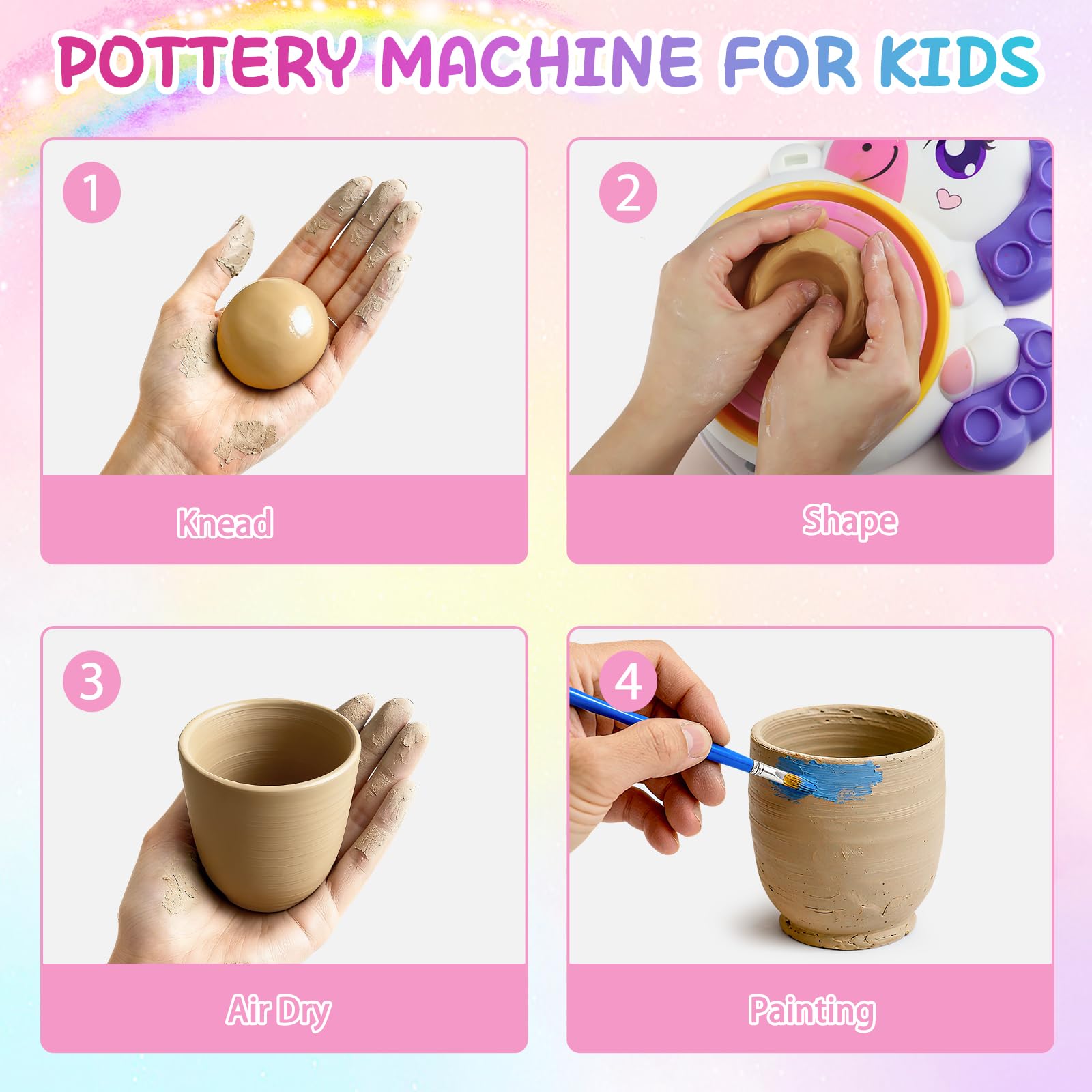 Tour de Poterie Enfant, DIY Pottery Kit avec Argile Autodurcissante, Jeu Creatif Art et Peinture Activite Manuelle, Loisir Créatif Licorne Jouet, Idée Anniversaire Cadeau Fille 3 4 5 6 7 8 9 10 Ans