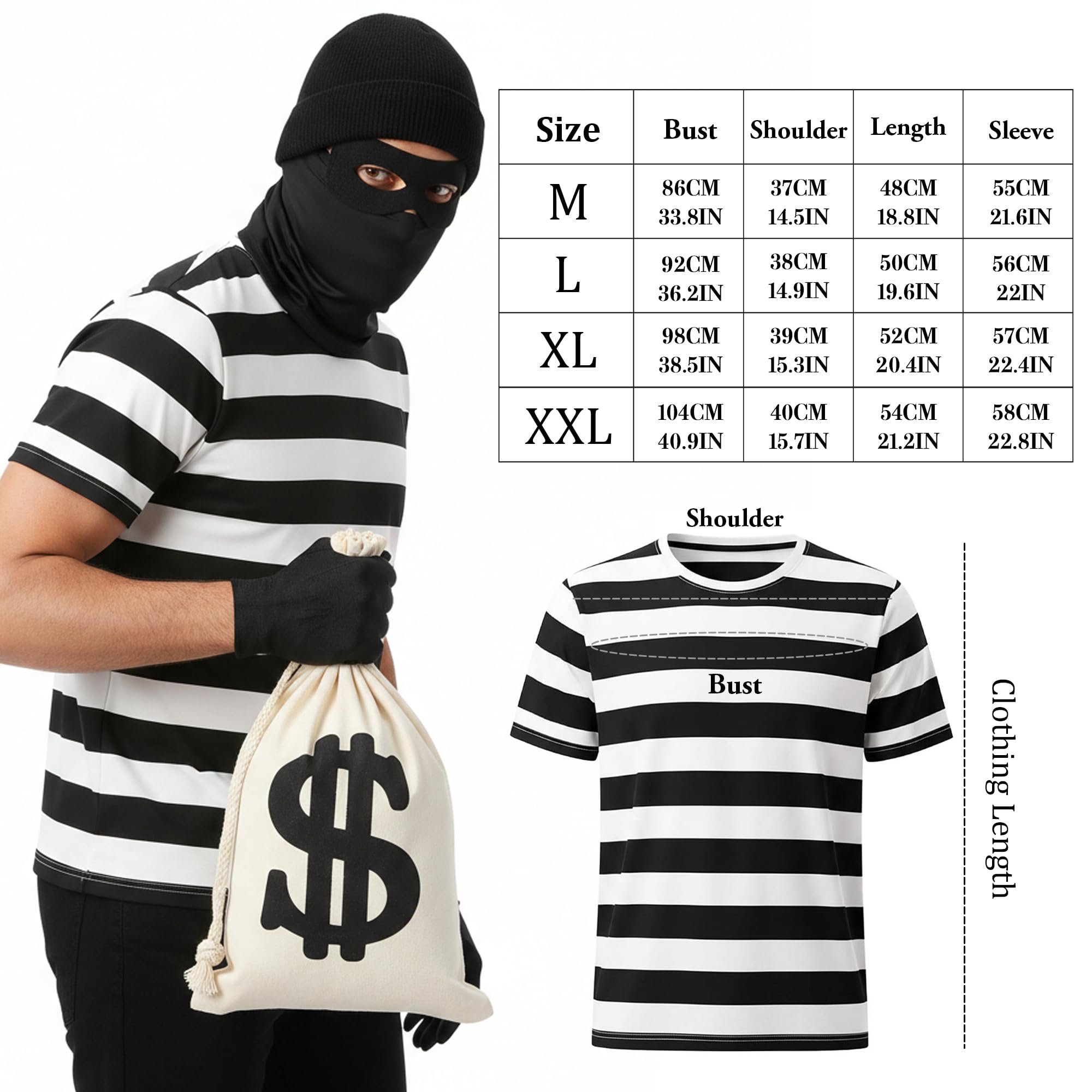 Soireeparty Robber Costume Adults 6 Piece Set, Burglar Fancy Dress with Short Striped T-Shirt Mask Swag Bag Hat Gloves - Image 3