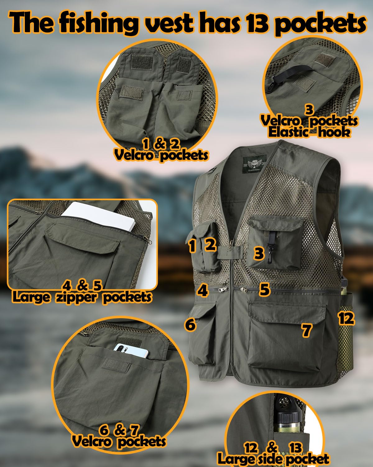 Homme Gilet de Pêche Veste Légère Sans Manches en Maille avec Multi-Poches Séchage Rapide Gilet pour Photographie en Plein Air Randonnée Escalade