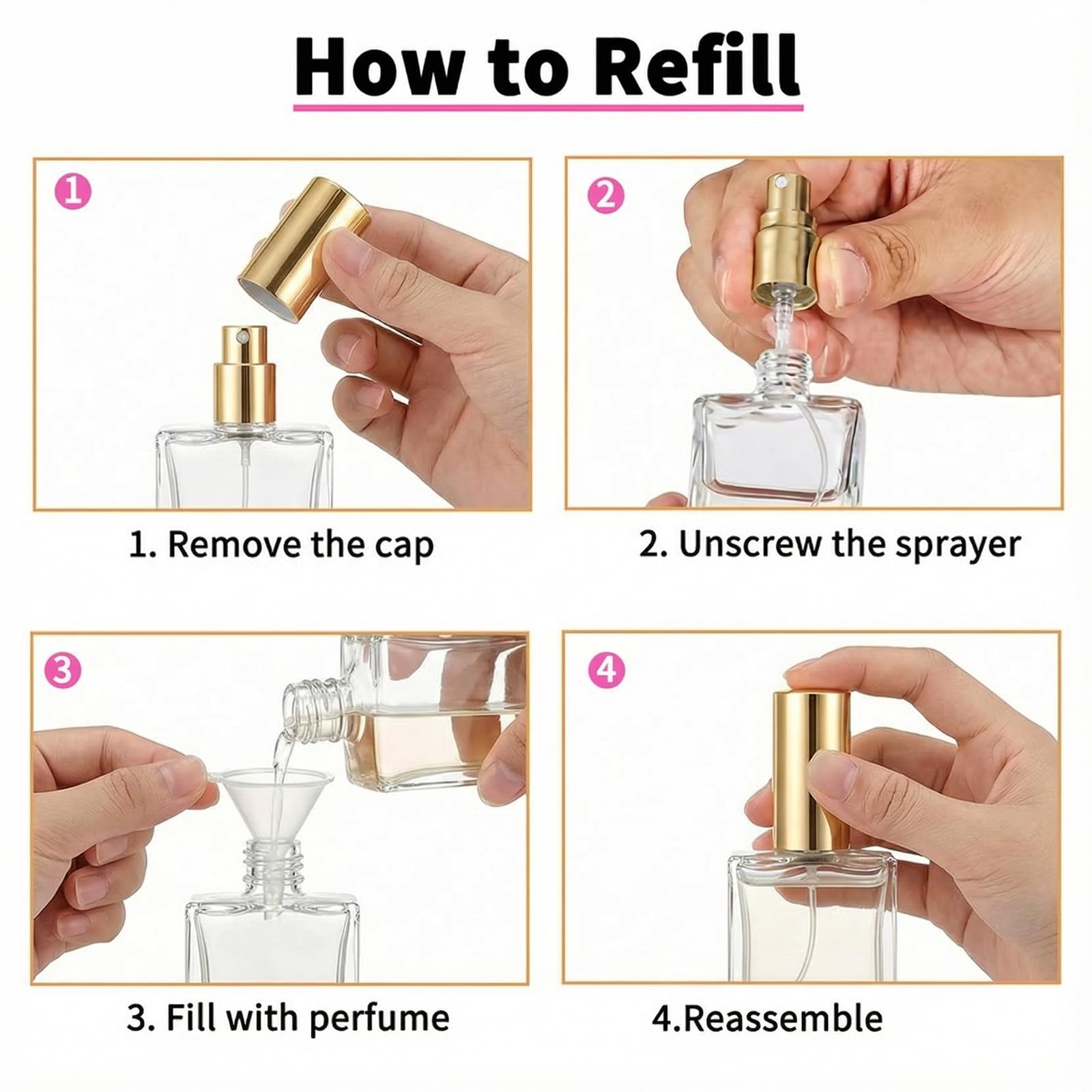 Mini-Glassprühflaschen, leere Flaschen in Reisegröße, für Flüssigkeiten, Gold, 30ml