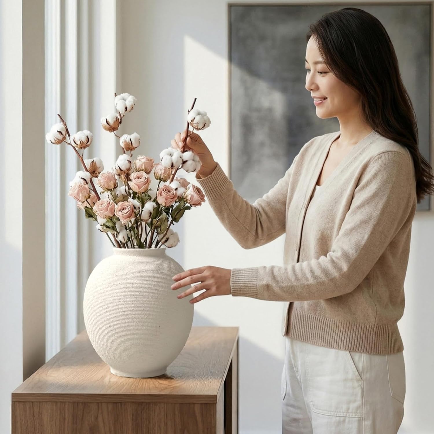 White & Round Ceramic Vase Home Decor, Large Farmhouse Table Vases Rustic Living Room Entrway Kitchen Bedroom Decorations, Minimalist Hand-Made Textured Vase (9.8”H Sandstone White) - Image 4