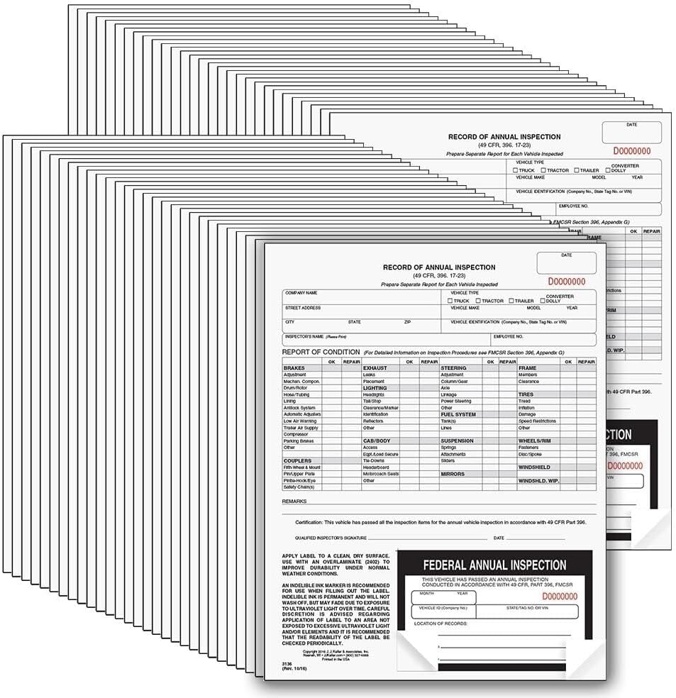 J. J. Keller 50-Pack, Record of Annual Inspection Form with Inspection Label, 2-Ply Carbonless Form, DOT Compliant