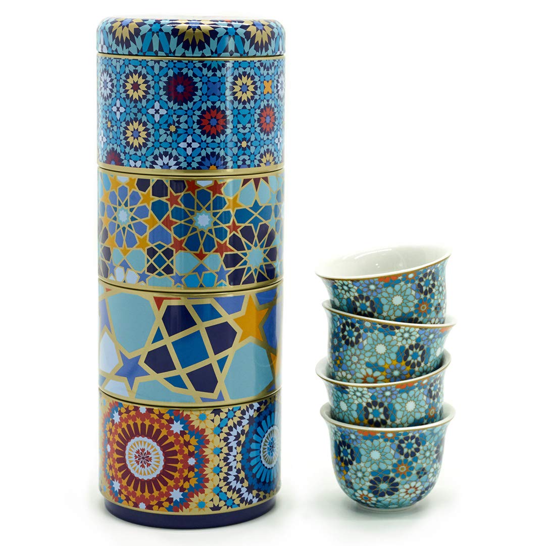 Images d'Orient Set Regalo 2 in 1 scatole in Metallo con 4x60 ml Porcellana tazzine da caffè tazzine da Espresso tazzine da Moca, Design mediterraneo dell’Oriente, caffè Cucina stoviglie